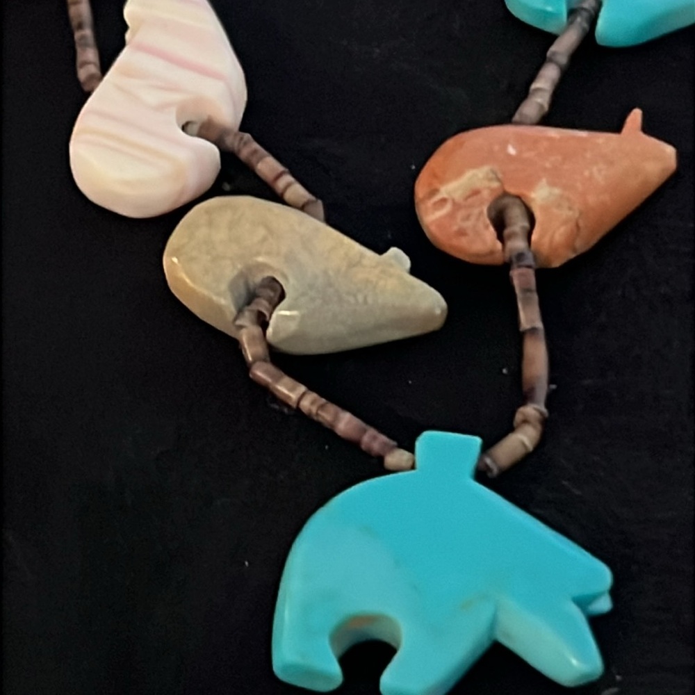 Zuni Old Pawn Turquoise Fetish Hand Carved Necklace Statement Heishi Beads Bear - Picture 2 of 5